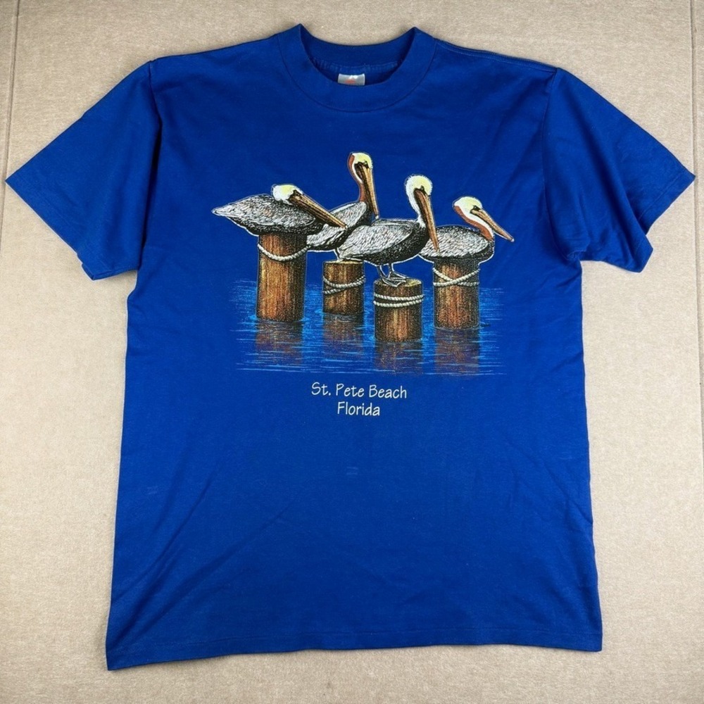 Vintage St. Pete Beach Florida Shirt Mens L Blue Pelican USA Single Stitch Tee